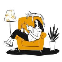 femme dessinée à la main, lisant un livre sur une chaise vecteur