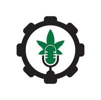 conception de logo vectoriel de concept de forme d'engrenage de podcast de cannabis. logo podcast avec modèle de vecteur de feuille de cannabis.