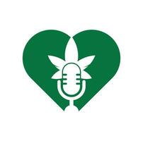 conception de logo vectoriel de concept de forme de coeur de podcast de cannabis. logo podcast avec modèle de vecteur de feuille de cannabis.