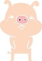 cochon grincheux de dessin animé de style plat couleur vecteur