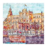 plaza de espana espagne croquis aquarelle illustration dessinée à la main vecteur