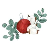 dessin à l'aquarelle. bouquet, composition pour noël à partir de feuilles d'eucalyptus, de fleurs de coton et de jouets de noël. illustration vintage nouvel an, hiver vecteur