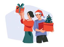 les gens avec des cadeaux. préparer la nouvelle année, noël. image vectorielle. vecteur