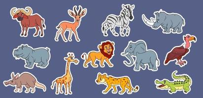 grand ensemble d'animaux africains. personnages animaux drôles dans des autocollants de style dessin animé. vecteur