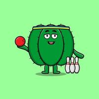 personnage de dessin animé mignon cactus jouant au bowling vecteur