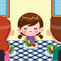 dessin animé jolie petite fille ne veut pas manger de légumes, et ses parents essaient de persuader son vecteur