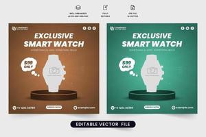 modèle de vente de smartwatch créatif pour les publications sur les réseaux sociaux. vecteur de modèle de publicité de magasin de montre classique. modèle de vente de gadgets modernes avec des couleurs café et aqua. publication sur les réseaux sociaux de smartwatch.