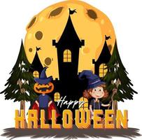 joyeux halloween texte logo avec personnage de dessin animé vecteur