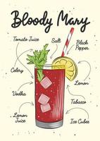 illustration de cocktail alcoolique sanglant de style gravé vectoriel pour affiches, décoration, menu et impression. croquis dessiné à la main avec lettrage et recette, ingrédients de la boisson. dessin détaillé.