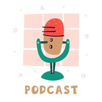 Podcast. petit microphone rouge mignon avec un support vert vecteur