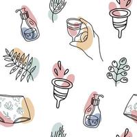 modèle sans couture de soins de période zéro déchet. fond avec des produits d'hygiène féminine respectueux de l'environnement. illustration vectorielle de doodle dessinés à la main vecteur