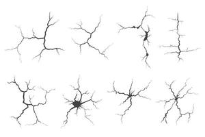 collection de fissures sur le mur, la terre ou la pierre. rayures lignes sur les surfaces. illustrations vectorielles de foudre et d'orage. fissure sur le sol et la glace. textures d'explosions graphiques avec des trous. vecteur