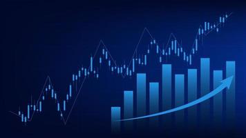 notion de situation économique. les statistiques des entreprises financières avec un graphique à barres et un graphique en chandeliers montrent le cours de la bourse et le taux de change sur fond bleu vecteur