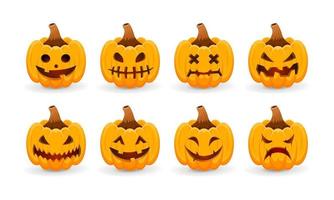 de nombreuses citrouilles montrent des visages qui rient, pleurent, heureux et effrayants et sont utilisées à l'halloween vecteur