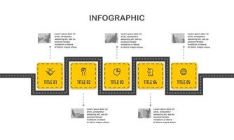 route infographique sinueuse horizontale avec 5 titres. histogrammes, jalon, chronologie. vecteur