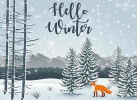 joyeux hiver avec paysage forestier et animal renard vecteur