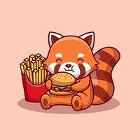 mignon panda rouge mangeant un hamburger avec illustration d'icône de vecteur de dessin animé de frites. concept d'icône d'aliments pour animaux isolé vecteur premium. style de dessin animé plat