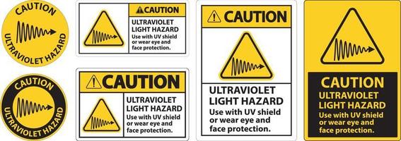 Attention étiquette de danger de lumière ultraviolette sur fond blanc vecteur