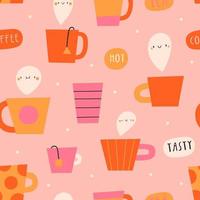 Joli motif sans couture avec différentes tasses à café et à thé. texture vectorielle de boisson chaude. fond de boissons smiley dessinés à la main vecteur