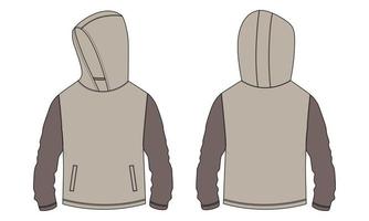 sweat à capuche à manches longues avec fermeture éclair et poche modèle d'illustration vectorielle de croquis plat de mode technique vues avant et arrière. vêtements chandail veste maquette cad. vecteur