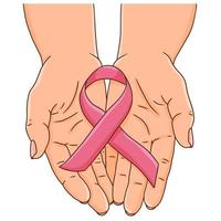 concept de mois de sensibilisation au cancer du sein. mains féminines en coupe, tenant un ruban rose. soutien ou concept de fier survivant. vecteur