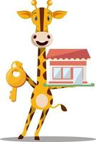 Girafe avec clé de maison, illustration, vecteur sur fond blanc.