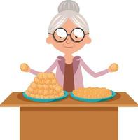 grand-mère avec des cookies, illustration, vecteur sur fond blanc.
