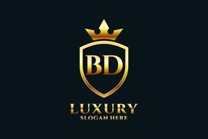 logo monogramme de luxe élégant initial bd ou modèle de badge avec volutes et couronne royale - parfait pour les projets de marque de luxe vecteur