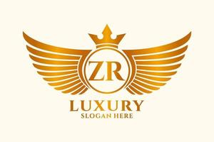 lettre d'aile royale de luxe zr crête logo couleur or vecteur, logo de victoire, logo de crête, logo d'aile, modèle de logo vectoriel. vecteur