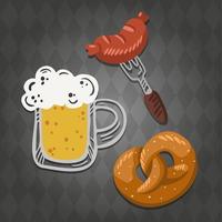 verre heureux mignon et drôle de bière, de bretzel et de saucisse. fête de la bière vecteur