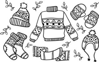 un ensemble de vêtements chauds tricotés confortables. passe-temps d'automne, coloriage. illustration vectorielle contour dessiné à la main sur fond blanc. vecteur