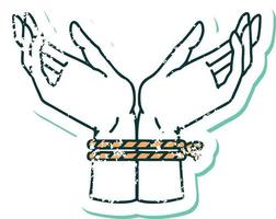 image emblématique de style tatouage d'autocollant en détresse d'une paire de mains liées vecteur