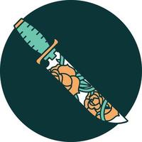 image emblématique de style tatouage d'un poignard et de fleurs vecteur