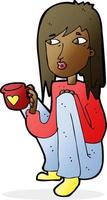 dessin animé femme assise avec une tasse de café