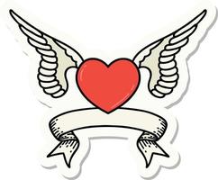 autocollant de style tatouage avec bannière d'un coeur avec des ailes vecteur