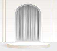 Podium de piédestal de cylindre blanc 3d avec toile de fond et rideaux en forme d'arche. scène murale minimale de couleur pastel abstraite. forme 3d de rendu vectoriel, présentation d'affichage de produit cosmétique. vecteur