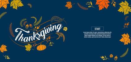 bannière de typographie de thanksgiving avec motif de feuille vecteur