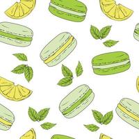 gâteaux à la crème et tranches de citron, feuilles de thé. emballage pour confiserie, pâtisserie, cadeau d'anniversaire. ornement sans fin. illustration de stock de vecteur. modèle sans couture.macaron vecteur