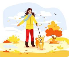 parc d'automne. une femme promène son chien dans le parc en automne. illustration vectorielle de dessin animé vecteur