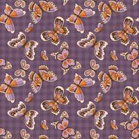 plaid violet et papillons irisés tombent fond récurrent. Modèle sans couture des années 70 avec des insectes dans un style vintage bohème. vecteur