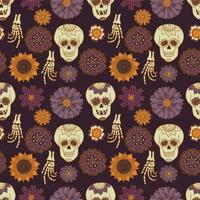 modèle sans couture avec des crânes et des fleurs d'automne sur fond violet. texture vectorielle halloween bohème dessinée à la main. motif répétitif avec des os et des tournesols. vecteur