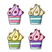 un ensemble d'icônes colorées. délicieux petit gâteau avec de la crème douce et délicate et des baies, illustration vectorielle en style cartoon sur fond blanc vecteur
