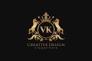 crête dorée rétro vk initiale avec cercle et deux chevaux, modèle de badge avec volutes et couronne royale - parfait pour les projets de marque de luxe vecteur