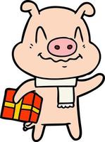 cochon cartoon nerveux avec présent vecteur