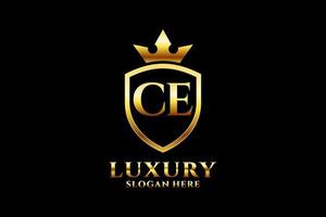 logo monogramme de luxe élégant initial ce ou modèle de badge avec volutes et couronne royale - parfait pour les projets de marque de luxe vecteur