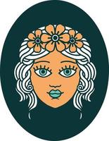 icône de style tatouage d'une jeune fille avec une couronne de fleurs vecteur