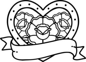 tatouage de ligne noire d'un coeur et d'une bannière avec des fleurs vecteur