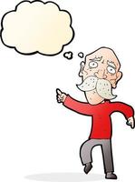 dessin animé triste vieil homme pointant du doigt avec bulle de pensée vecteur