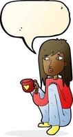 dessin animé femme assise avec une tasse de café avec bulle de dialogue vecteur