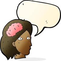 tête de femme de dessin animé avec le symbole du cerveau avec bulle de dialogue vecteur